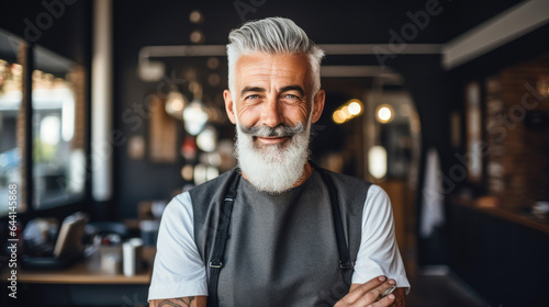 Senior barber with grey hair standing in his barbershop. Generative AI
