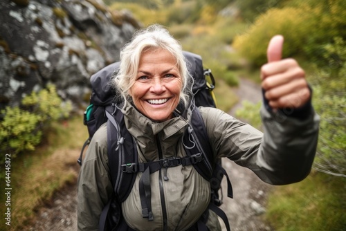 portrait of an attractive mature woman showing thumbs up while out on a hike in nature © altitudevisual