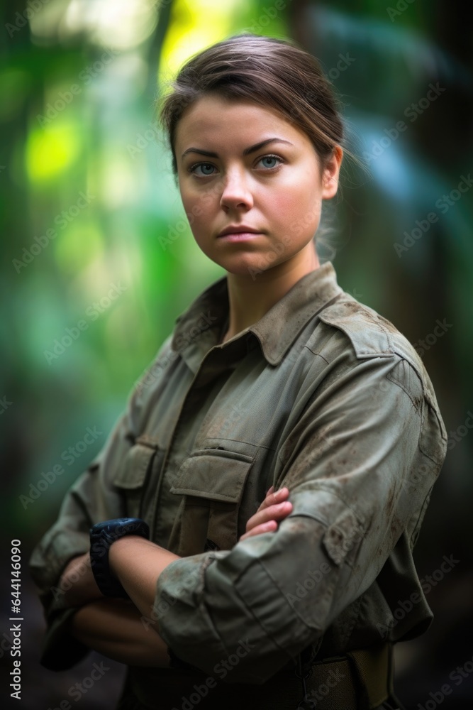 portrait of a young female ranger standing with her arms crossed in the jungle