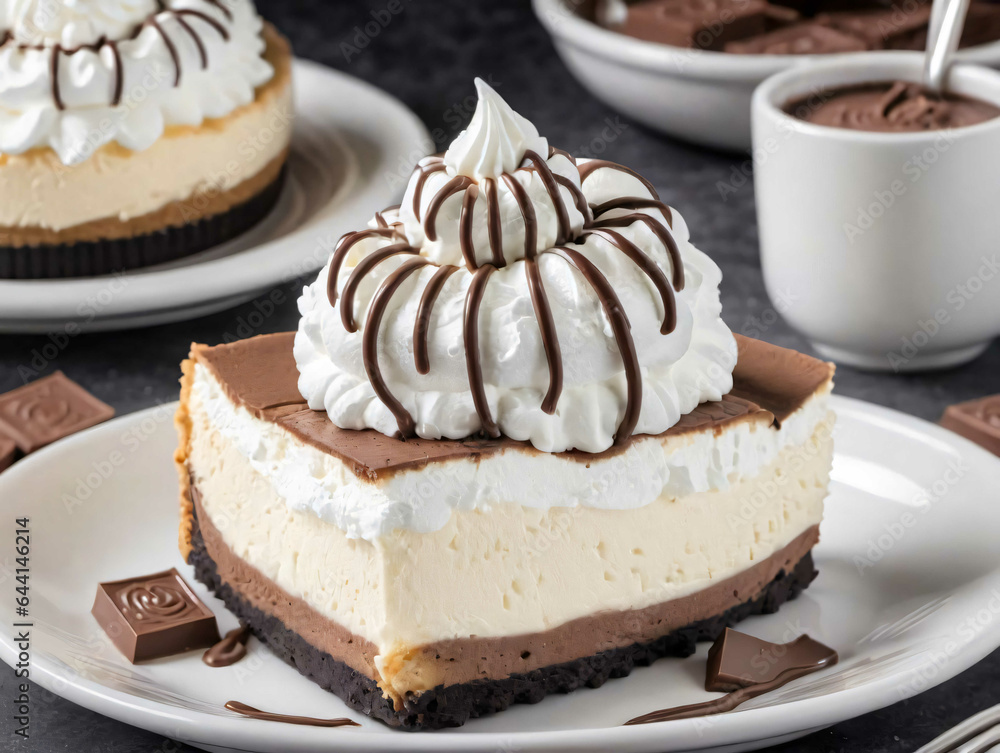 A White Plate Topped With A Slice Of Cheesecake Covered In Whipped Cream A White Plate Topped With A Slice Of Cheesecake Covered In Whipped Cream