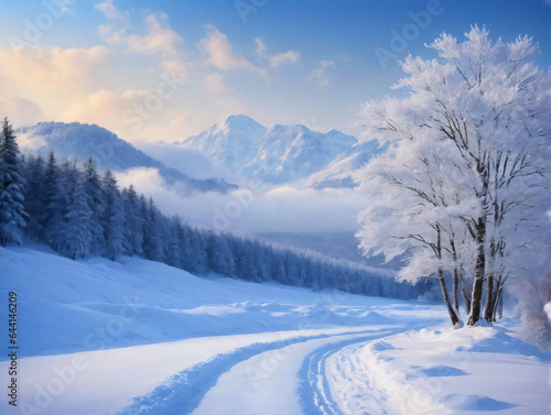A Painting Of A Snowy Road With Trees And Mountains In The Background © Pixel Matrix