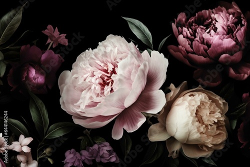 Floral peony wallpaper in pinks, blush, and mauve on black backdrop. Generative AI
