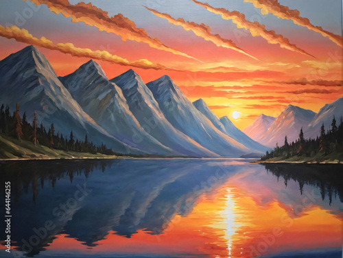 A Painting Of A Sunset Over A Mountain Lake