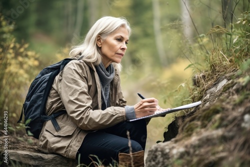 shot of a mature woman making notes while out in nature