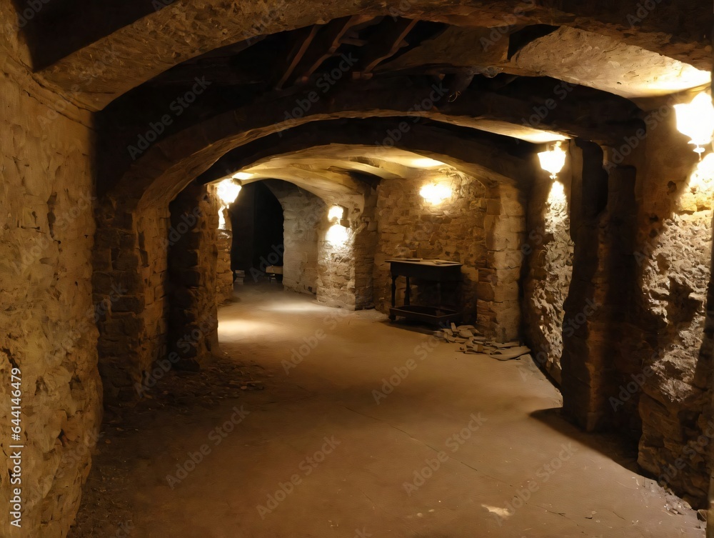 Fototapeta premium A Dimly Lit Tunnel In A Stone Building