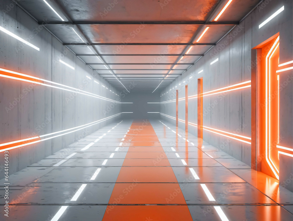 A Long Hallway With Orange And White Lights
