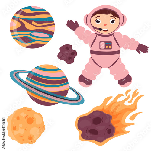 A set of illustrations with a cute astronaut, moon, meteorite and planets in cartoon style.