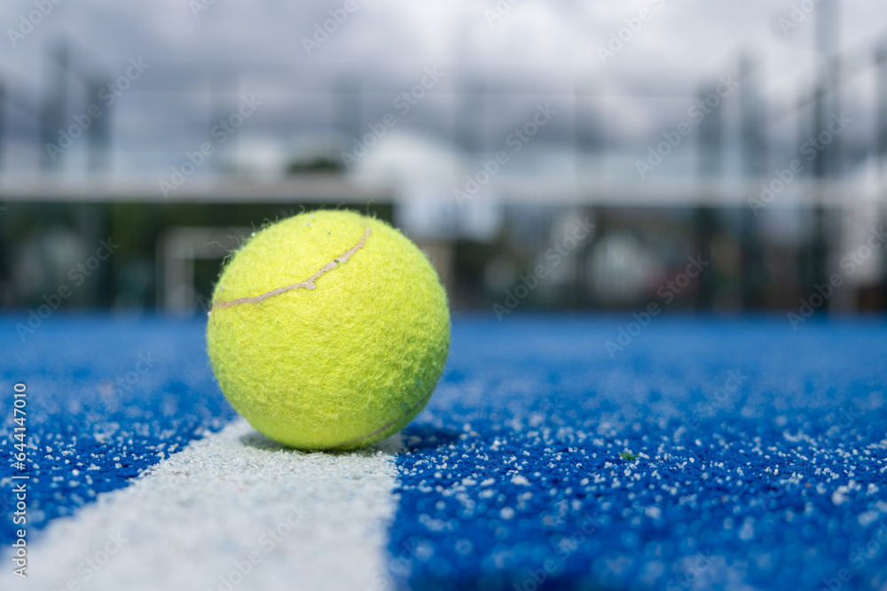 selective focus, a ball over the line of a blue paddle tennis court