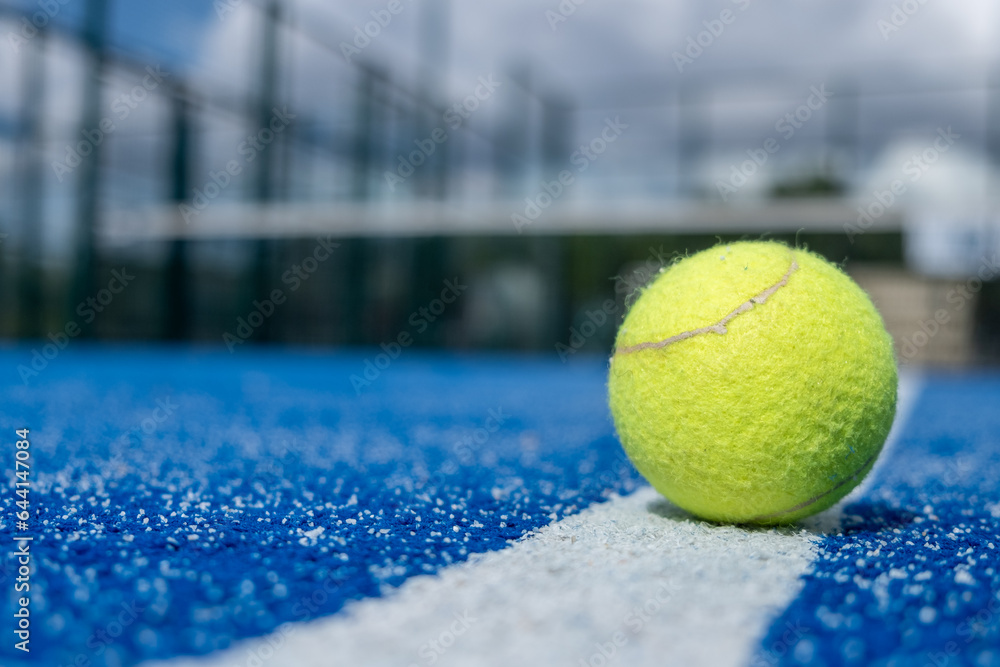 selective focus, a paddle tennis ball over the line of a blue paddle tennis court