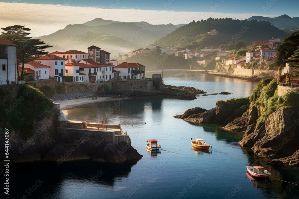 Coastal village in Lastres, Asturias, Spain, with tranquil sunrise scene. Generative AI