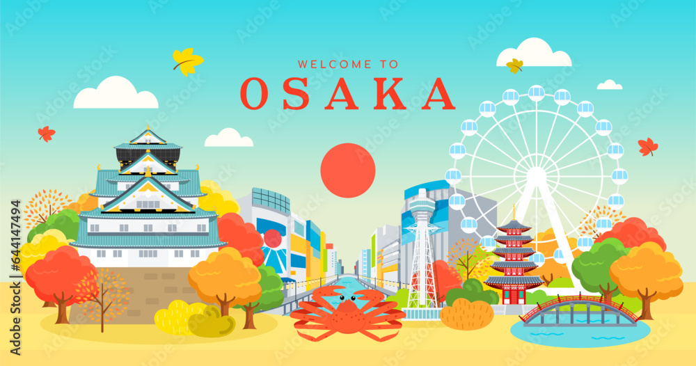 Fototapeta premium Welcome to Osaka Japan vector illustration. Beautiful Osaka landmark in Autumn