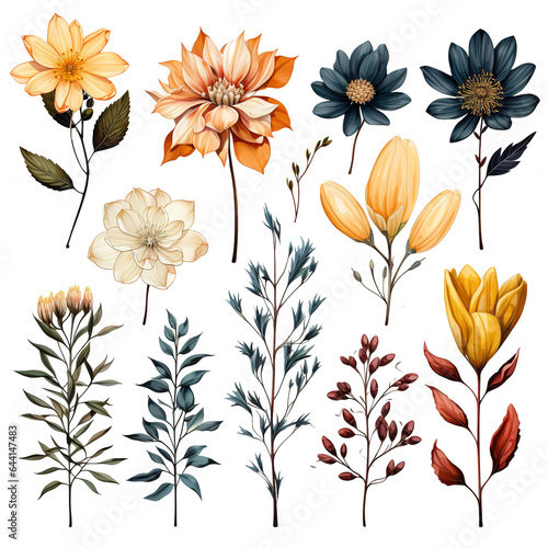 Set of watercolor autumn fall orange flowers and green leaves elements  isolated objects on a transparent background 