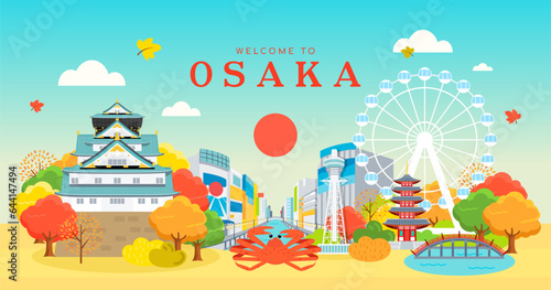 Welcome to Osaka Japan vector illustration. Beautiful Osaka landmark in Autumn
