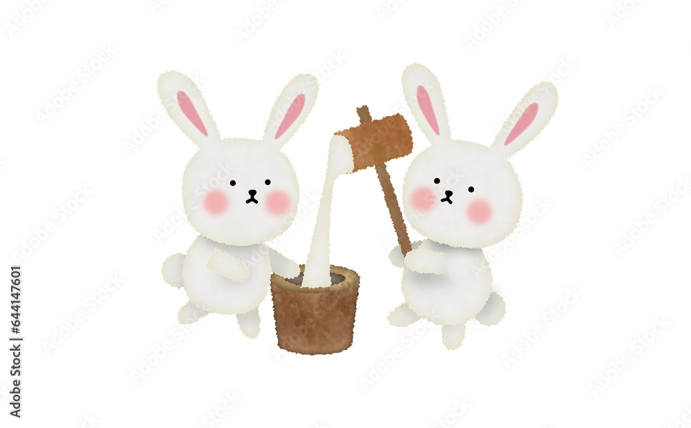 Fototapeta premium 餅つきをするうさぎのイラスト