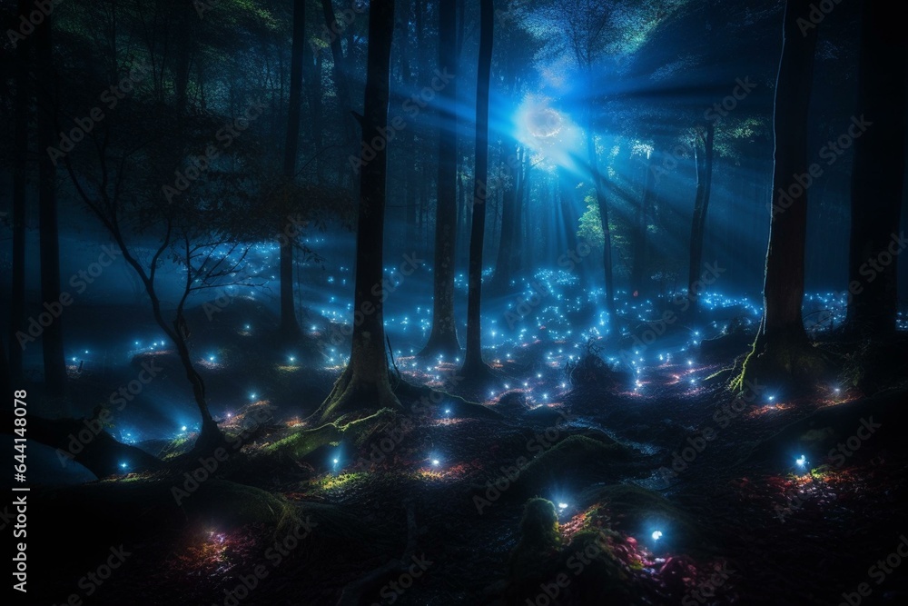 A mesmerizing scene of magical lights and a mystical forest. Generative AI