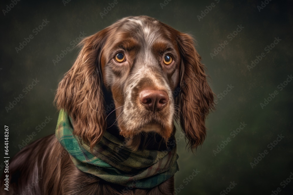 Photography in the style of pensive portraiture of a happy cocker spaniel wearing a cooling bandana against a metallic silver background. With generative AI technology Photography in the style of pensive portraiture of a happy cocker spaniel wearing a cooling bandana against a metallic silver background. With generative AI technology