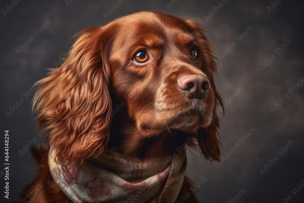 Photography in the style of pensive portraiture of a happy cocker spaniel wearing a cooling bandana against a metallic silver background. With generative AI technology