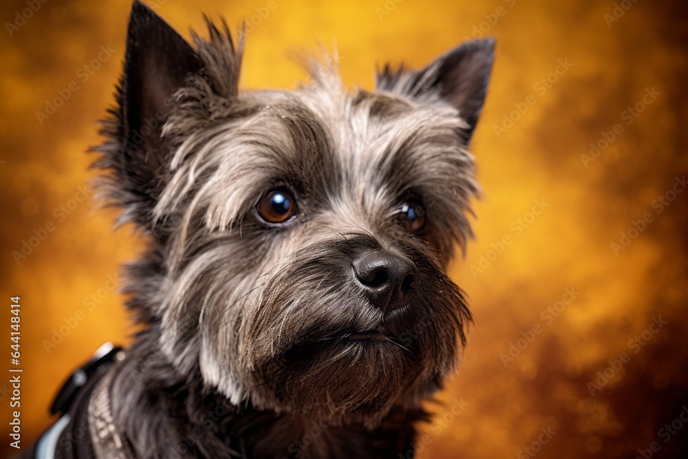 Close-up portrait photography of a cute cairn terrier wearing a sports jersey against a metallic silver background. With generative AI technology