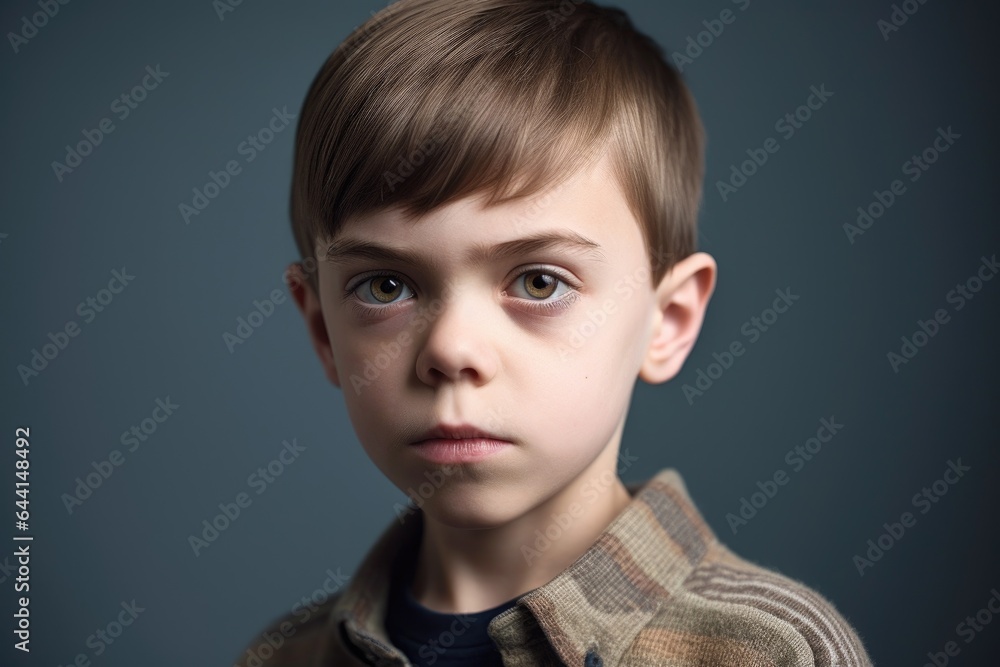 portrait of a young boy with autism standing against a grey background and looking at the camera portrait of a young boy with autism standing against a grey background and looking at the camera