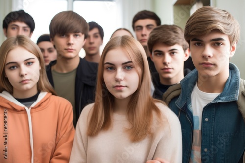 portrait of a group of teenagers with their teachers standing in the background