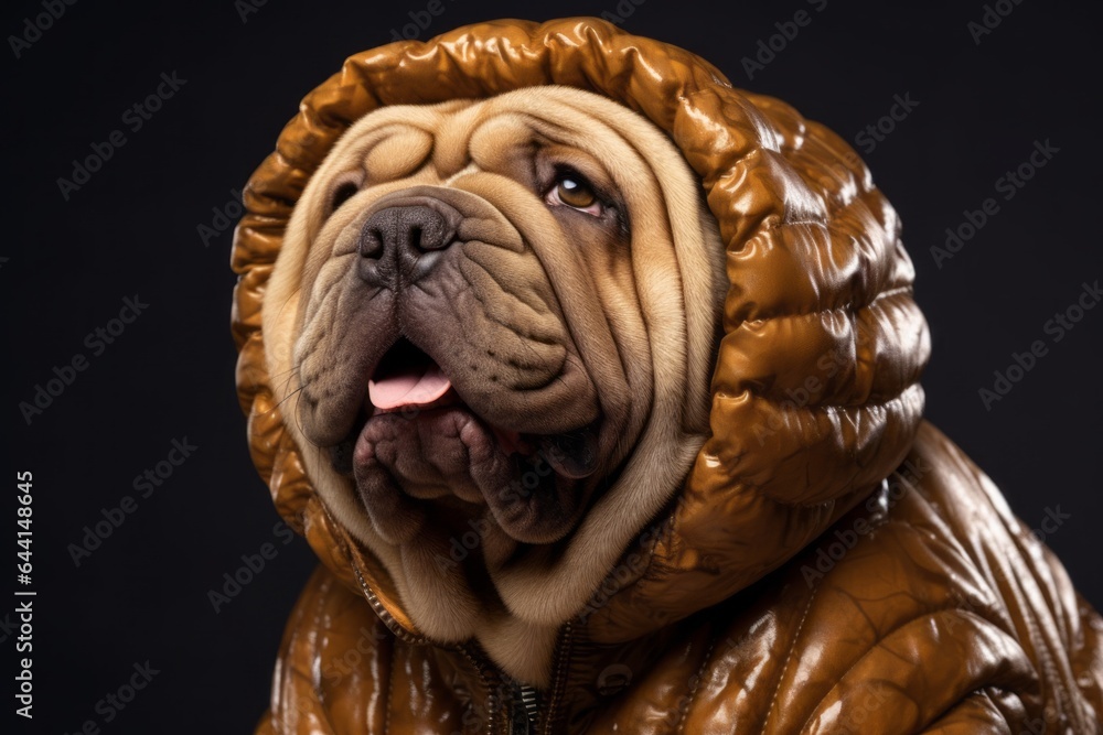 Close-up portrait photography of a happy chinese shar pei dog wearing a puffer jacket against a metallic silver background. With generative AI technology