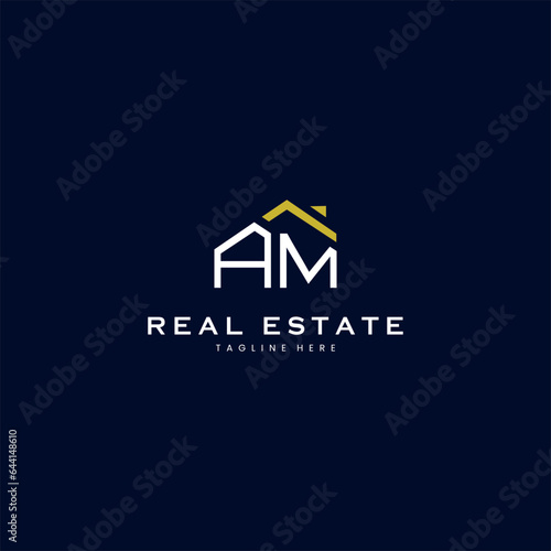 modern AM letter real estate logo in linear style with simple roof building in blue