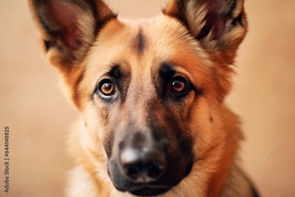 Close-up portrait photography of a cute german shepherd wearing a cashmere sweater against a beige background. With generative AI technology