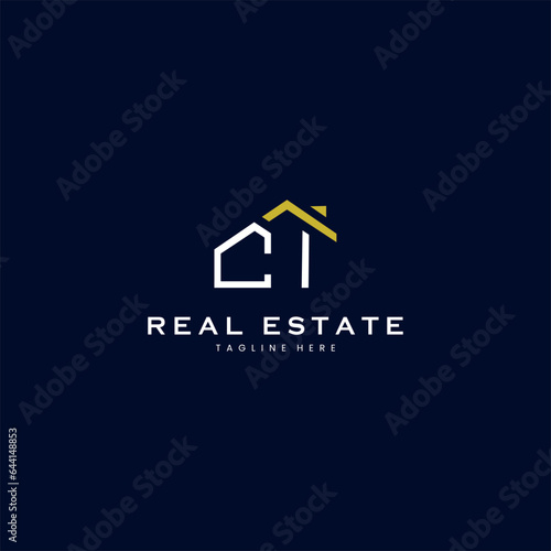 modern CI letter real estate logo in linear style with simple roof building in blue