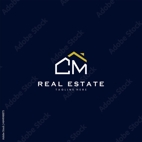modern CM letter real estate logo in linear style with simple roof building in blue