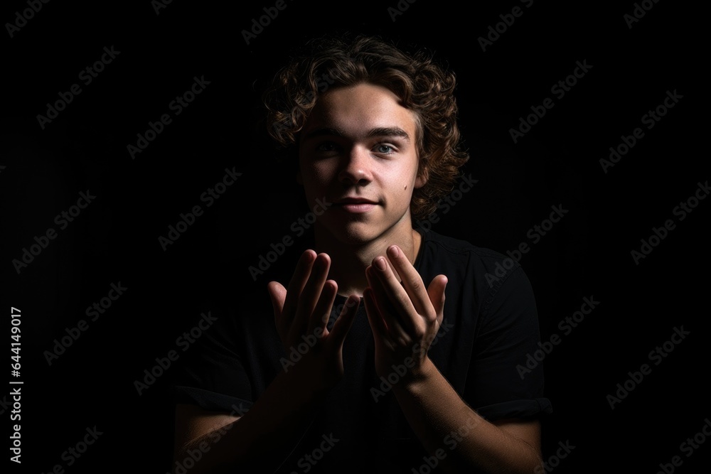 shot of a young man holding up his fingers against a black background shot of a young man holding up his fingers against a black background