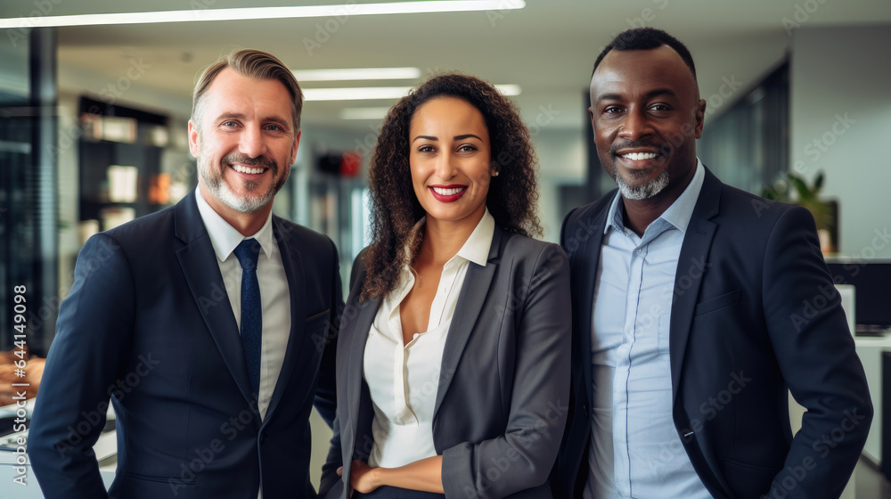 Happy business team standing together at office. Generative AI Happy business team standing together at office. Generative AI