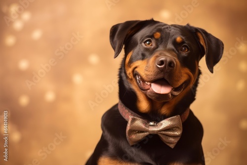 Medium shot portrait photography of a smiling rottweiler wearing a cute bow tie against a beige background. With generative AI technology