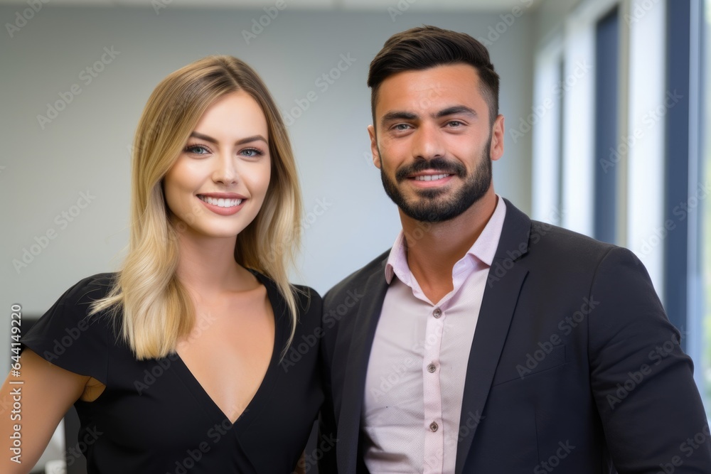 portrait of two smiling coworkers standing in the office portrait of two smiling coworkers standing in the office