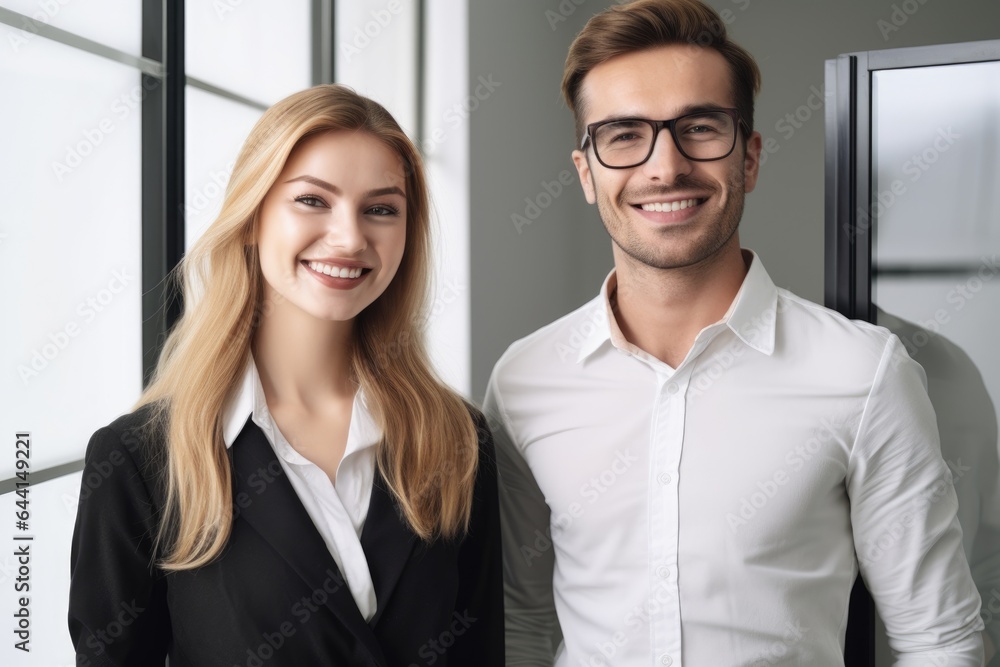 portrait of two smiling coworkers standing in the office portrait of two smiling coworkers standing in the office