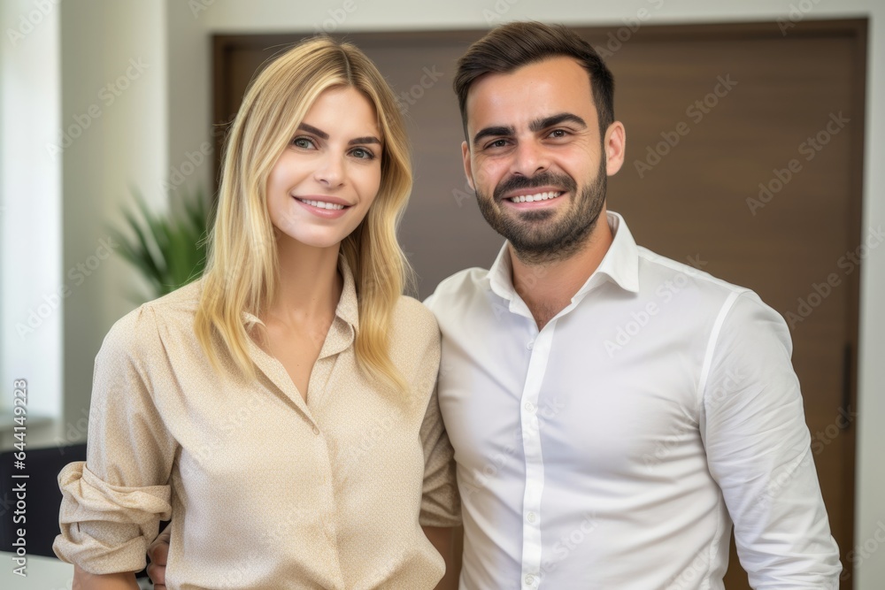 portrait of two smiling coworkers standing in the office portrait of two smiling coworkers standing in the office