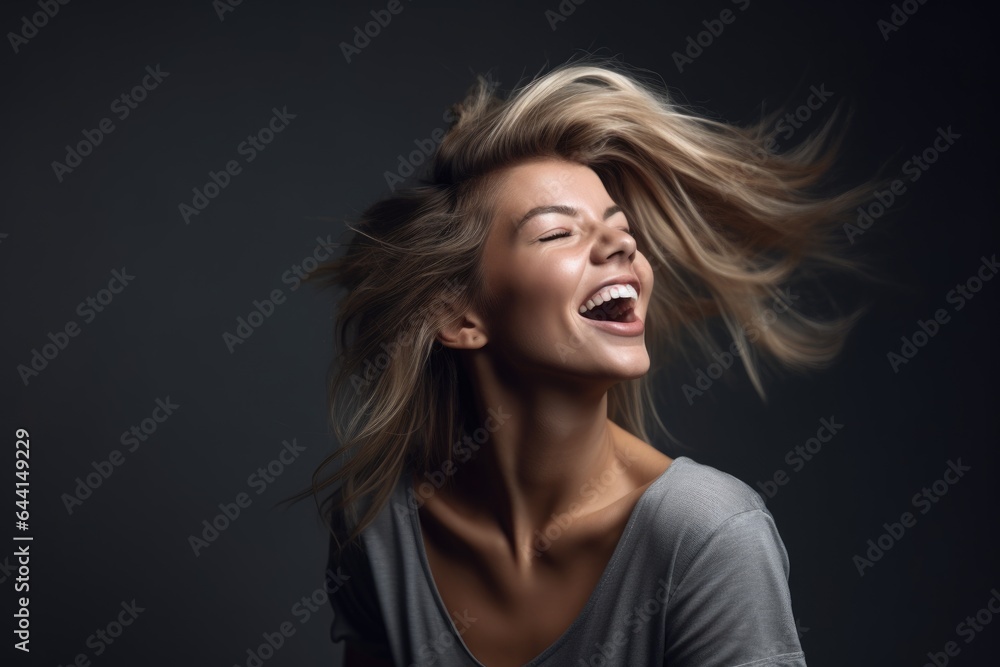 shot of a young woman having fun in front of a grey background shot of a young woman having fun in front of a grey background