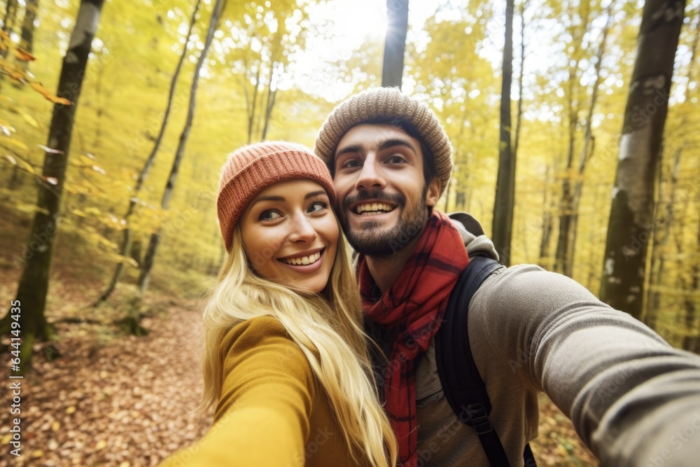 shot of a young couple taking selfies while in the forest shot of a young couple taking selfies while in the forest