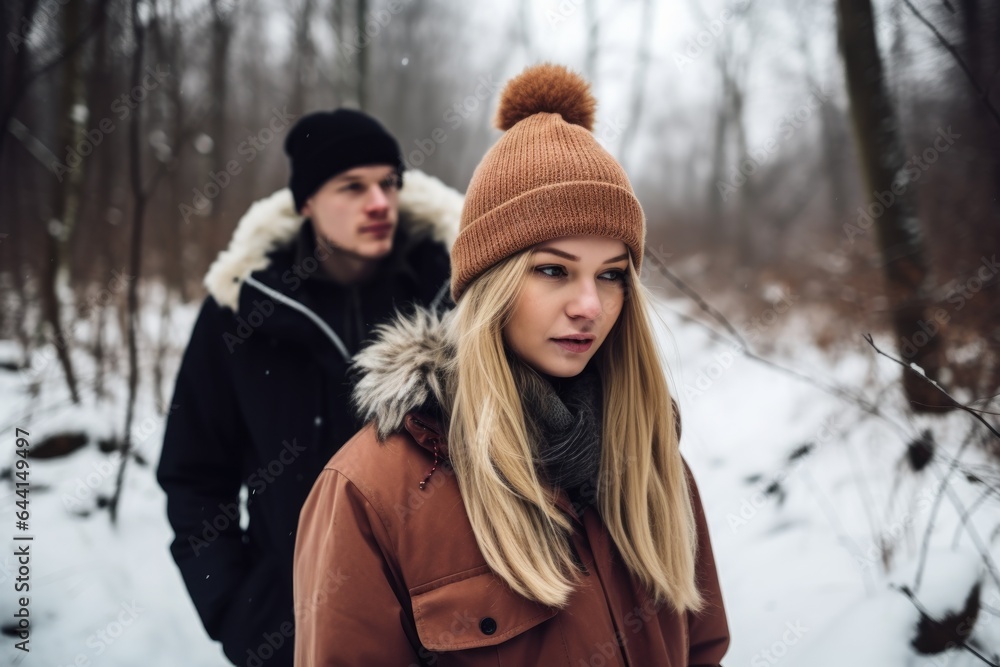 shot of a young couple in the woods during winter