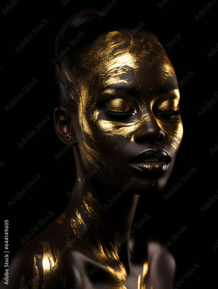 Partying woman portrait with golden style. Isolated black background..Generative AI.
