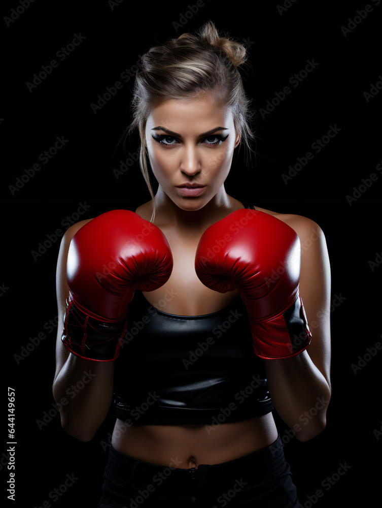 Partying woman portrait with boxing style. Isolated black background..Generative AI.