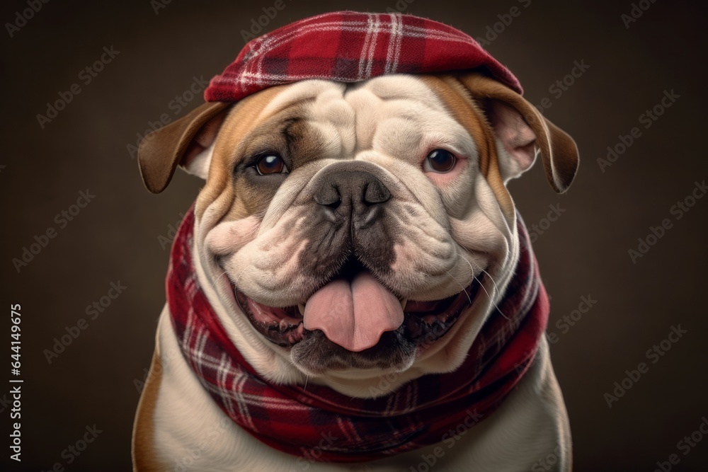 Headshot portrait photography of a happy bulldog wearing a bandana against a warm taupe background. With generative AI technology Headshot portrait photography of a happy bulldog wearing a bandana against a warm taupe background. With generative AI technology
