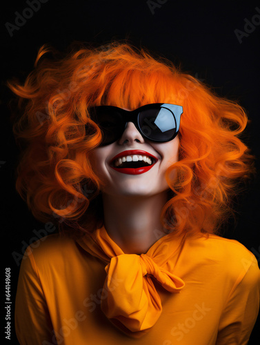 Partying woman portrait with orange style. Isolated black background..Generative AI.