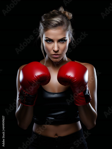 Partying woman portrait with boxing style. Isolated black background..Generative AI. © s1llu