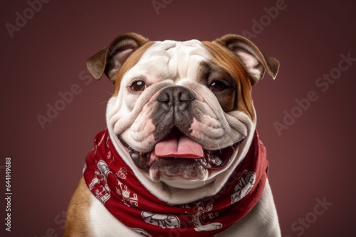 Headshot portrait photography of a happy bulldog wearing a bandana against a warm taupe background. With generative AI technology