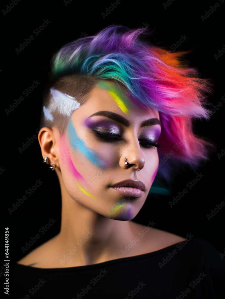 Partying woman portrait with rainbow style. Isolated black background..Generative AI.