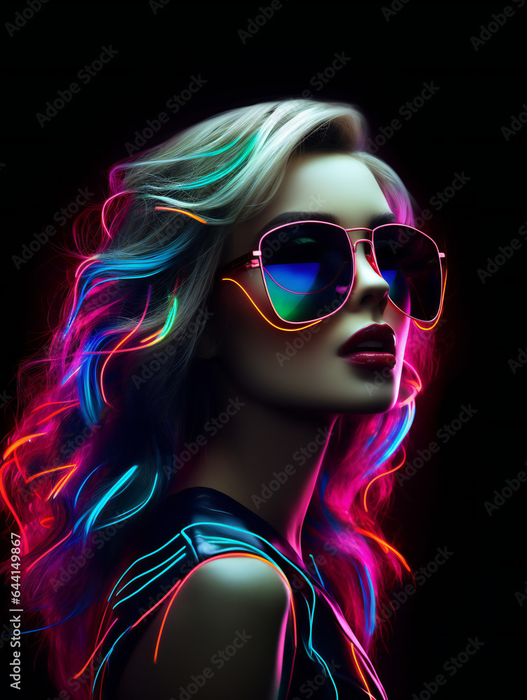 Partying woman portrait with neon style. Isolated black background..Generative AI. Partying woman portrait with neon style. Isolated black background..Generative AI.