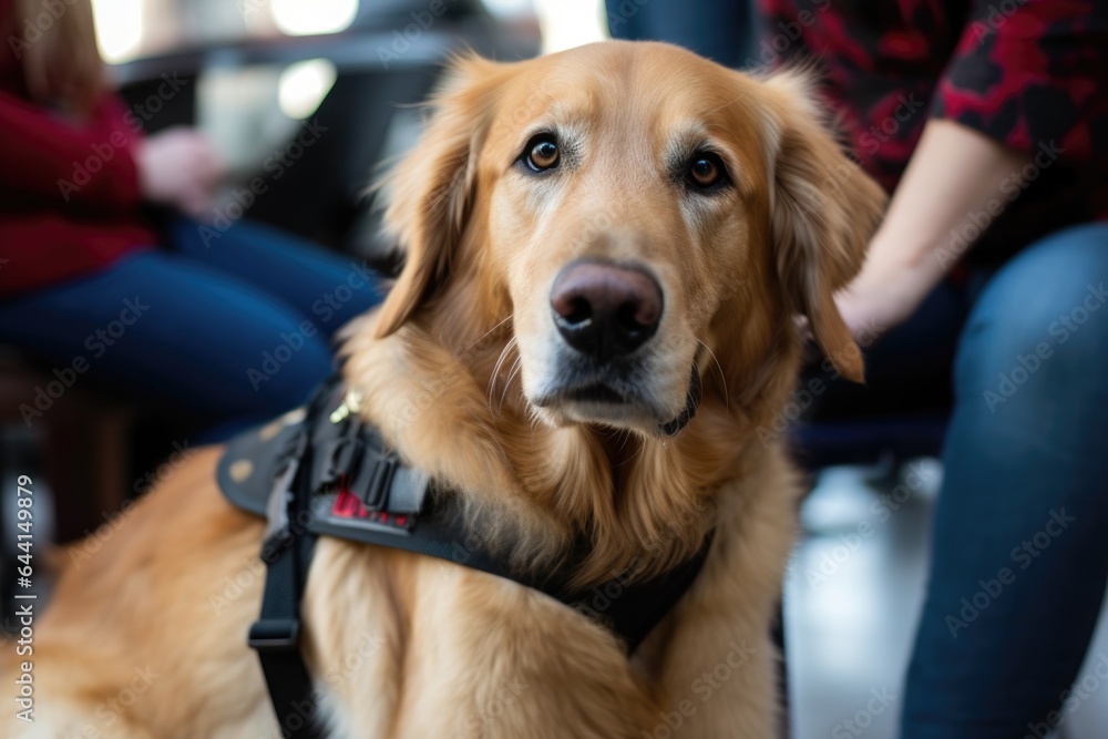 portrait of a service dog with his vet in the background portrait of a service dog with his vet in the background