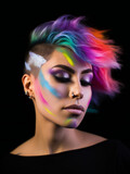 Partying woman portrait with rainbow style. Isolated black background..Generative AI.