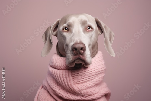 Medium shot portrait photography of a happy great dane wearing a snood against a warm taupe background. With generative AI technology