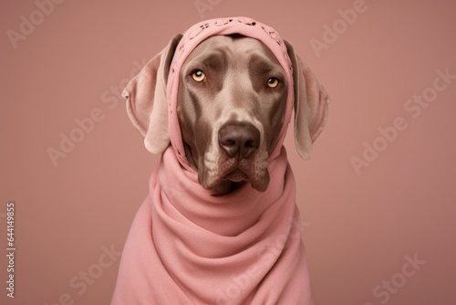 Medium shot portrait photography of a happy great dane wearing a snood against a warm taupe background. With generative AI technology